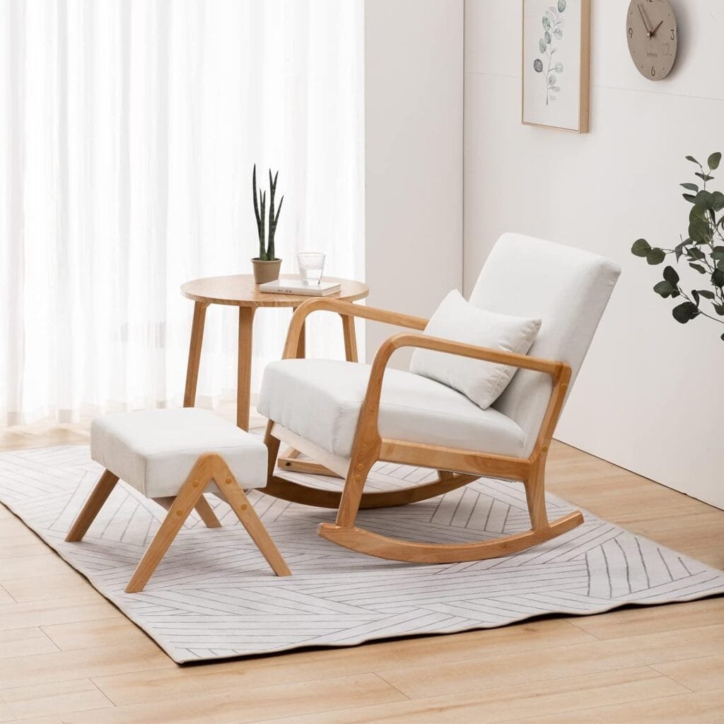 OKAKOPA Nursery Rocking Chairs with Ottoman, Upholstered Rocker Chair Glider Modern Chair Foot Rest and Pillow, for Living Room Baby (White) White Glider Chair W/ Footrest