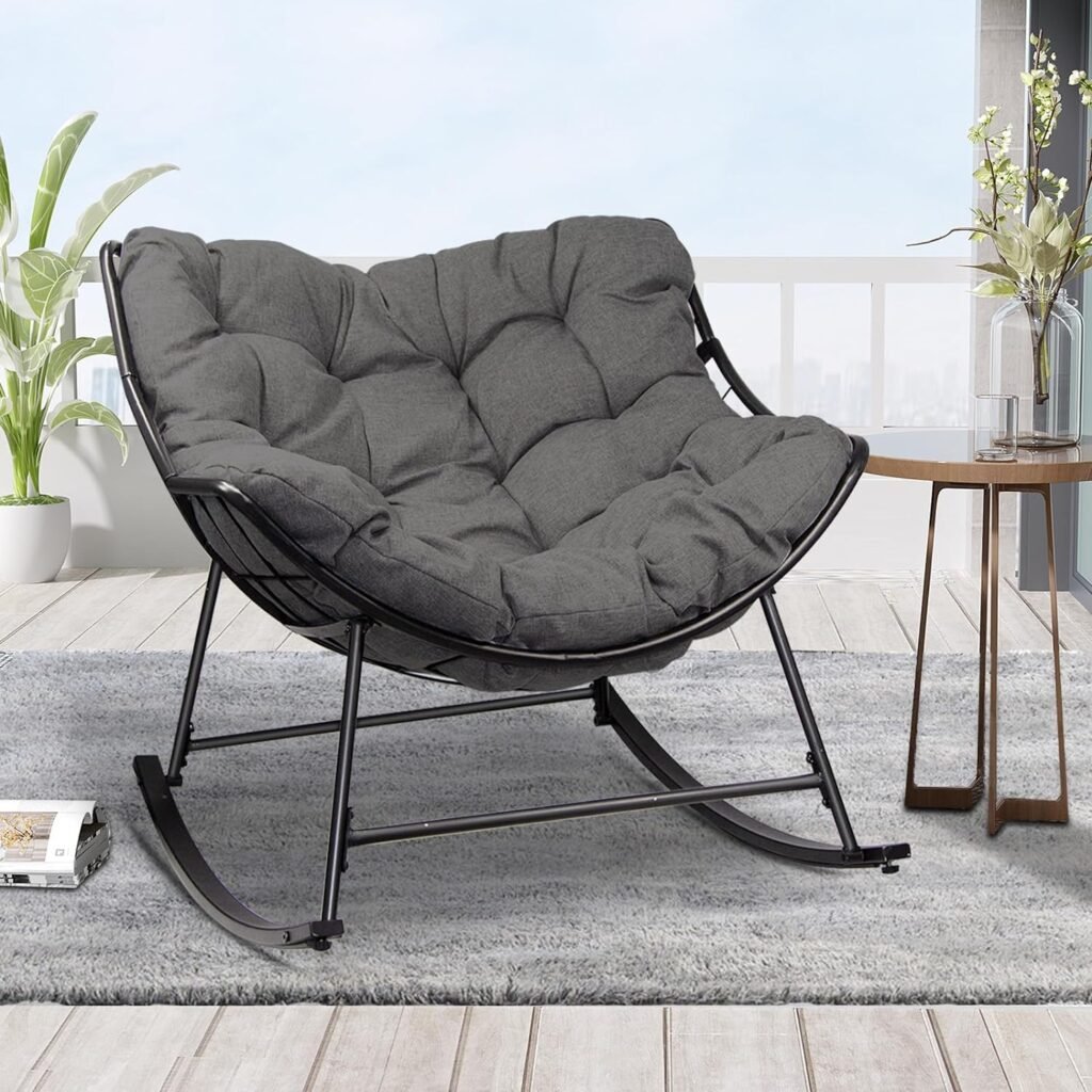 OKSTENCK Outdoor Rocking Chair with Footrest, Indoor and Outdoor Rocking Chair, Patio Oversized Moon Chair with Thick Cushion, Modern Lounge Chair for Porch, Garden Patio, Backyard, Gray