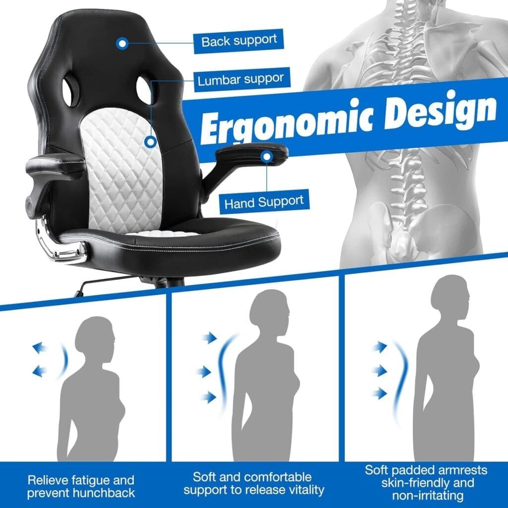 OLIXIS Gaming Ergonomic Office Desk Flip-up Armrests and Lumbar Support PU Leather Executive Mid Back Computer Chair for Adults, 26.37D x 29.13W x 44.49H in, Black