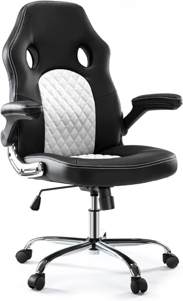 OLIXIS Gaming Ergonomic Office Desk Flip-up Armrests and Lumbar Support PU Leather Executive Mid Back Computer Chair for Adults, 26.37D x 29.13W x 44.49H in, Black