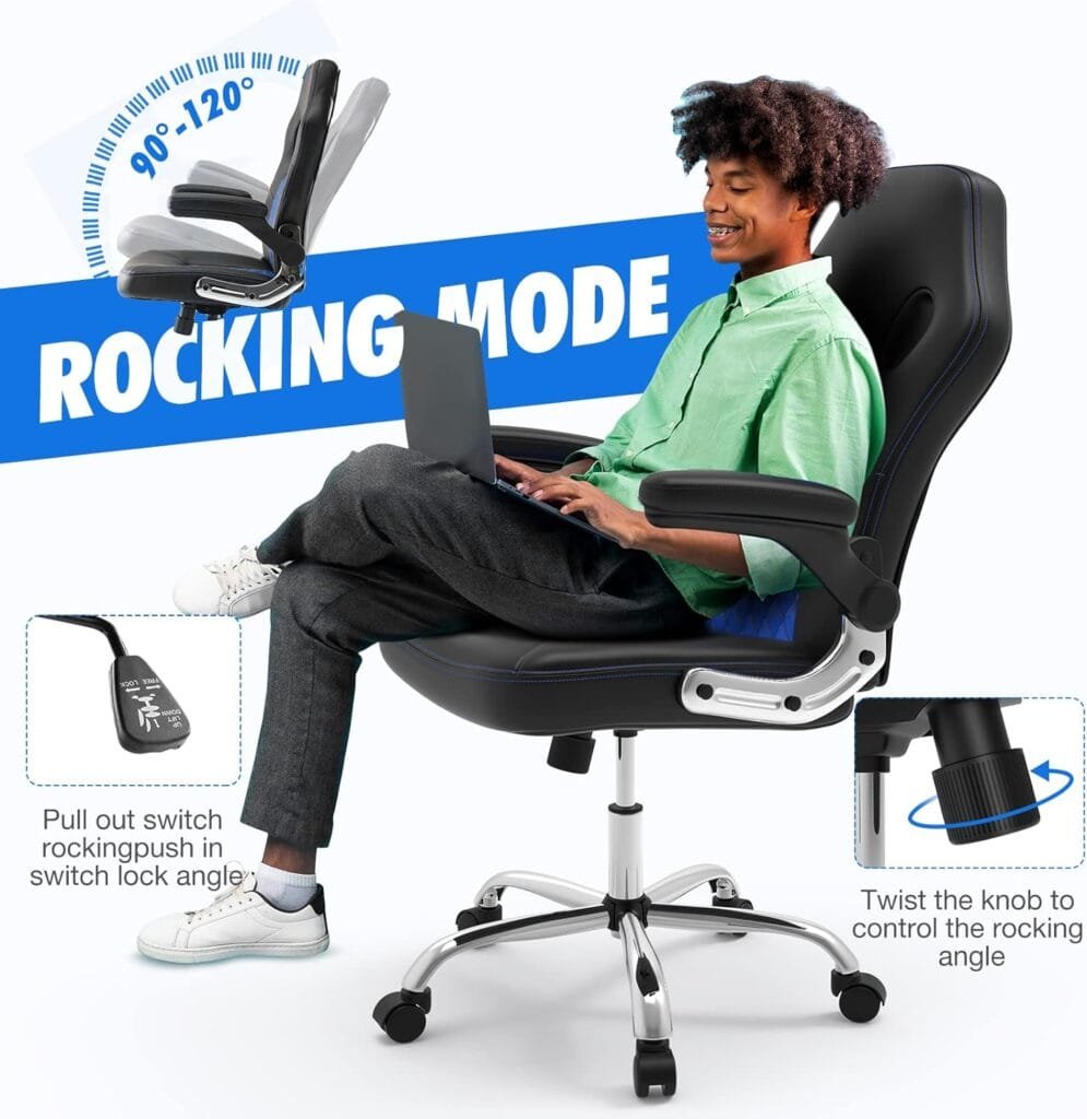 OLIXIS Gaming Ergonomic Office Desk Flip-up Armrests and Lumbar Support PU Leather Executive Mid Back Computer Chair for Adults, 26.37D x 29.13W x 44.49H in, Black