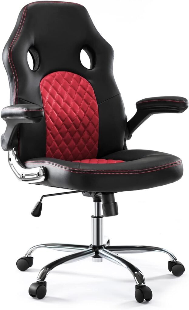 OLIXIS Gaming Ergonomic Office Desk Flip-up Armrests and Lumbar Support PU Leather Executive Mid Back Computer Chair for Adults, Red