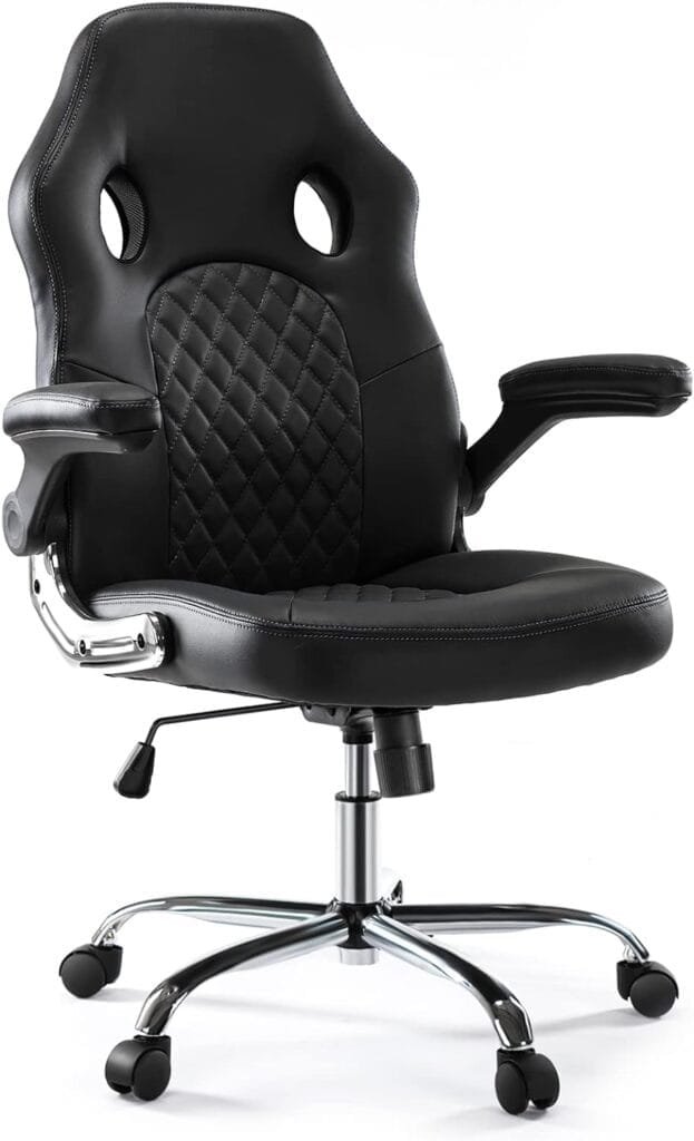 OLIXIS Gaming Ergonomic Office Desk Flip-up Armrests and Lumbar Support PU Leather Executive Mid Back Computer Chair for Adults, 26.37D x 29.13W x 44.49H in, Black