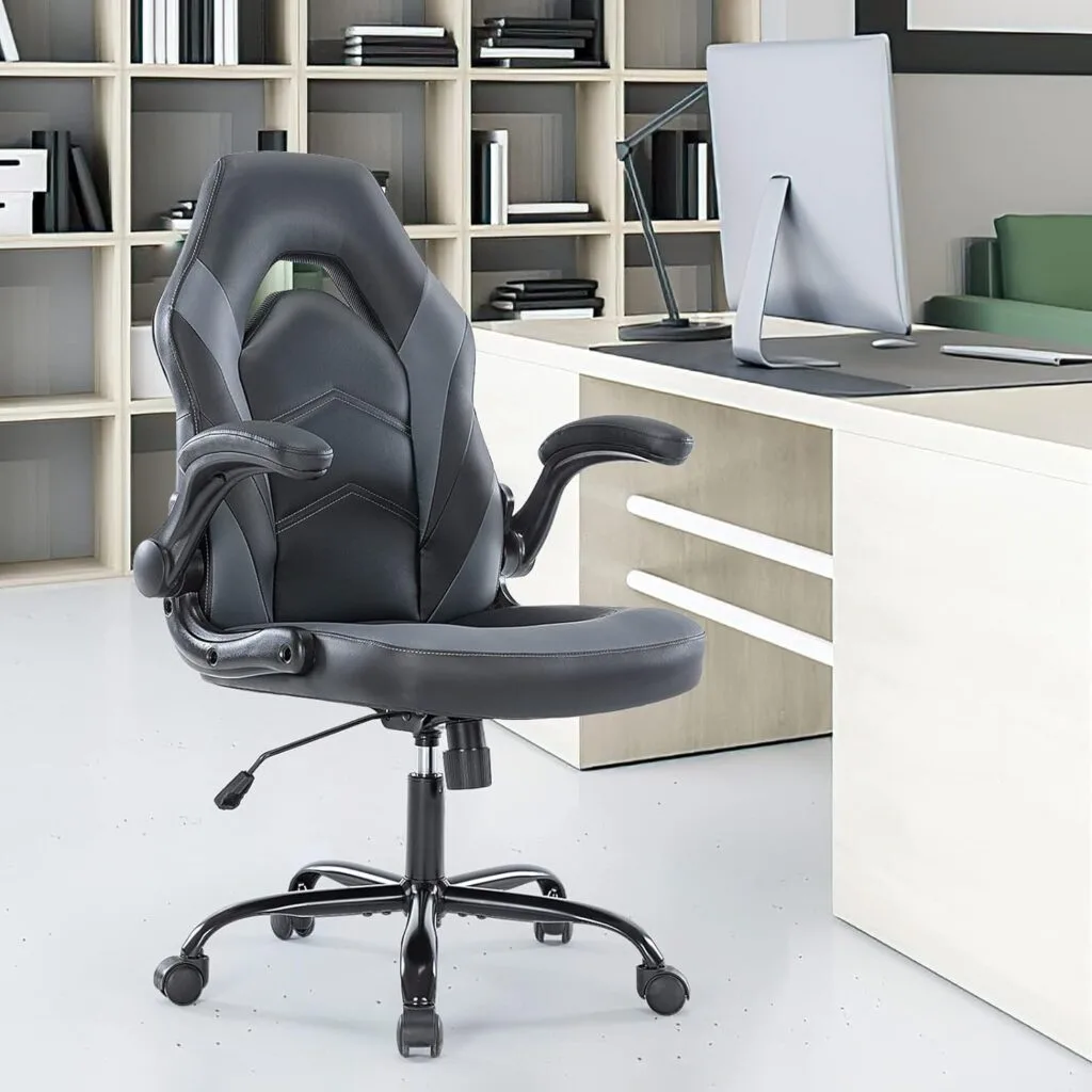 OLIXIS PU Leather Padded Grey Black Gaming Office Chair, 25.5D x 27.8W x 46H OLIXIS PU Leather Padded Grey Black Gaming Office Chair, 25.5D x 27.8W x 46H