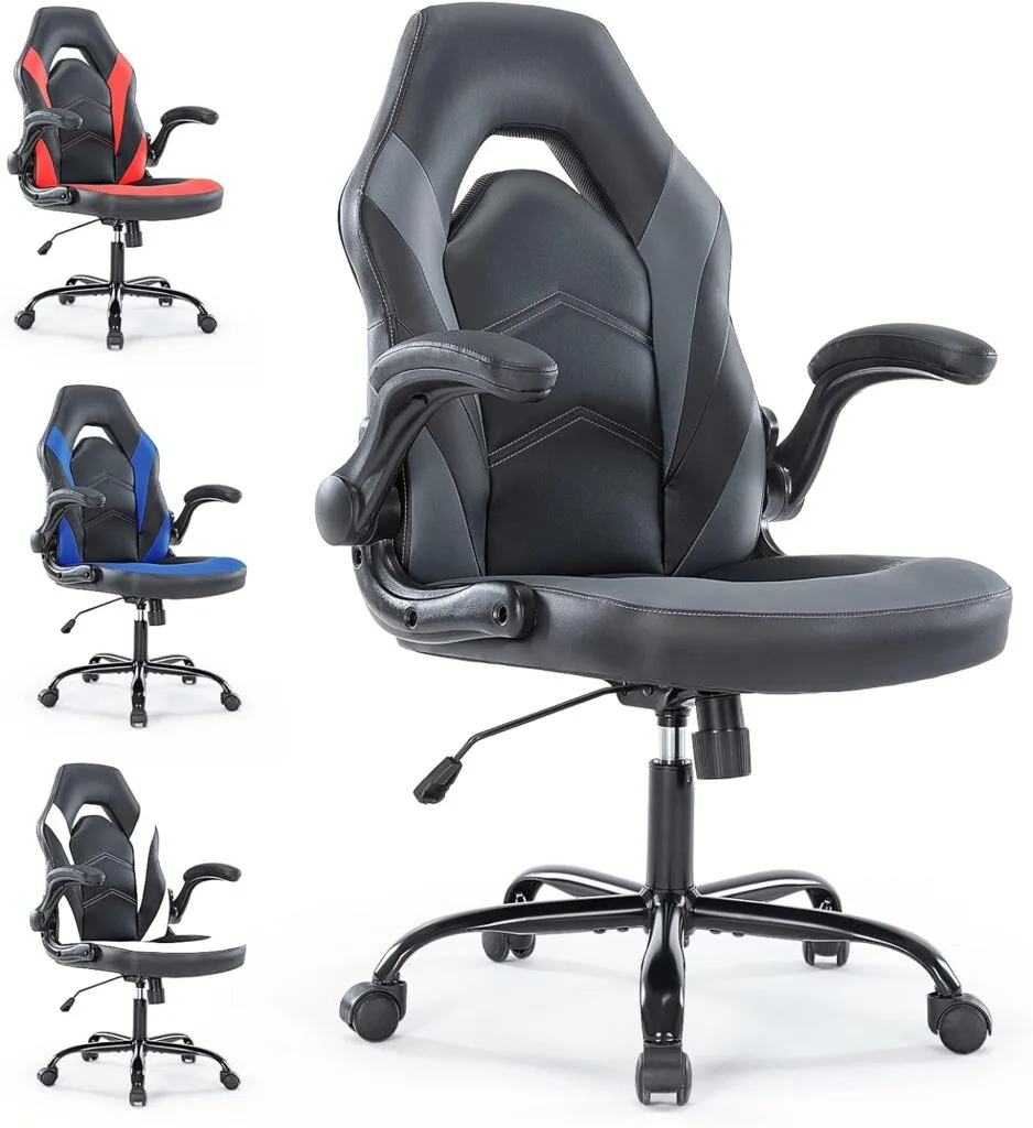 OLIXIS PU Leather Padded Grey Black Gaming Office Chair, 25.5D x 27.8W x 46H OLIXIS PU Leather Padded Grey Black Gaming Office Chair, 25.5D x 27.8W x 46H