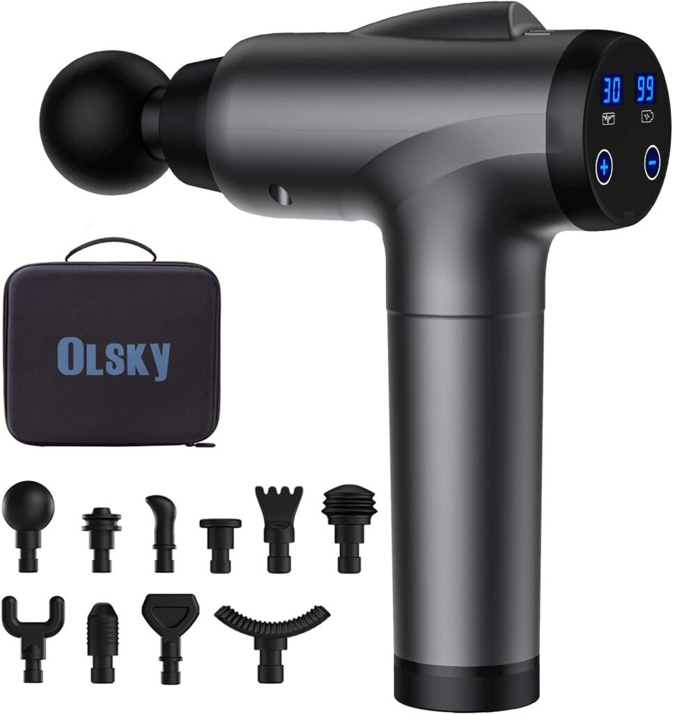 OLsky Massage Gun Deep Tissue, Handheld Electric Muscle Massager, High Intensity Percussion Massage Device for Pain Relief with 10 Attachments  30 Speed(Grey)