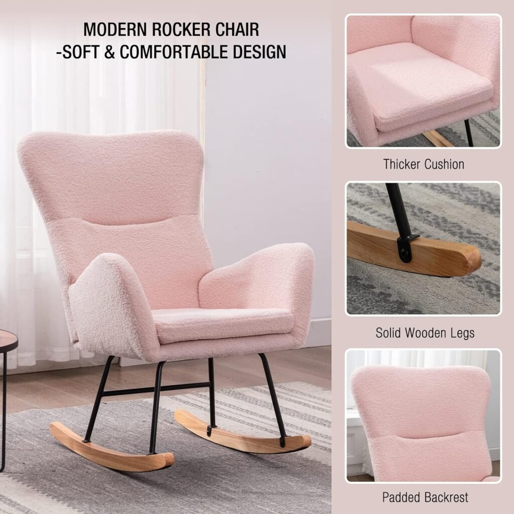 ONPNO Modern Rocking Accent Chair, High Backrest Glider Rocker for Baby Nursery, Uplostered Comfy Armchair for Living Room Bedroom (Pink)