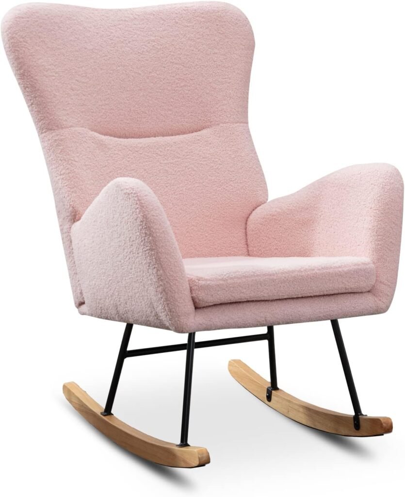 ONPNO Modern Rocking Accent Chair, High Backrest Glider Rocker for Baby Nursery, Uplostered Comfy Armchair for Living Room Bedroom (Pink)