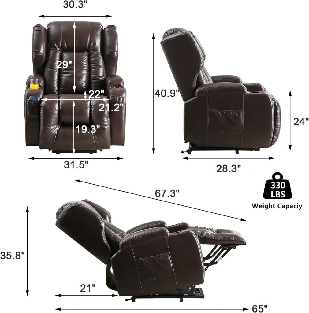 Oprisen Lift Chair Recliner Power Lift Recliner Chair for Elderly Pregnant w/Massage Heat Infinite Position Electric Lift Recliner w/USB Port/Cup Holders/Side Pockets (PU-Leather Solid Brown)