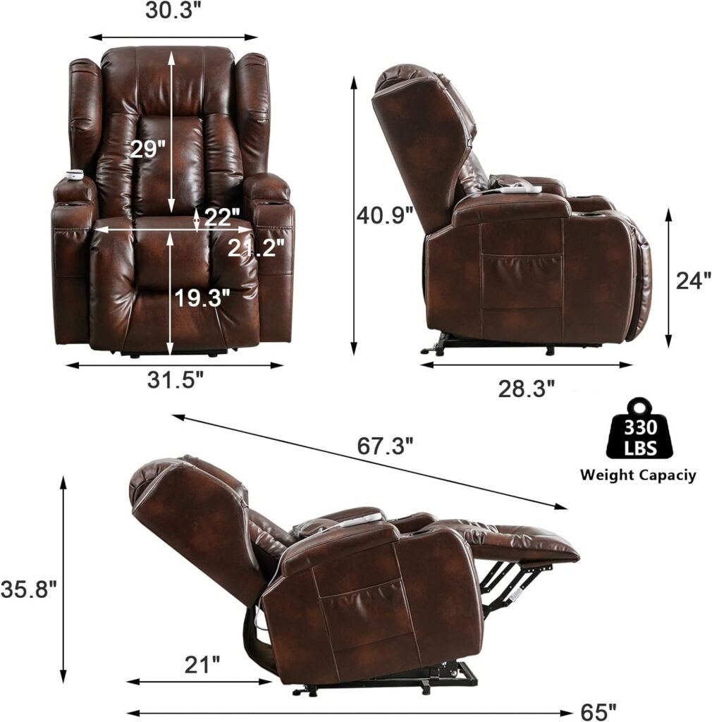 Oprisen Lift Chair Recliner Power Lift Recliner Chair for Elderly Pregnant w/Massage Heat Infinite Position Electric Lift Recliner w/USB Port/Cup Holders/Side Pockets (PU-Leather Solid Brown)