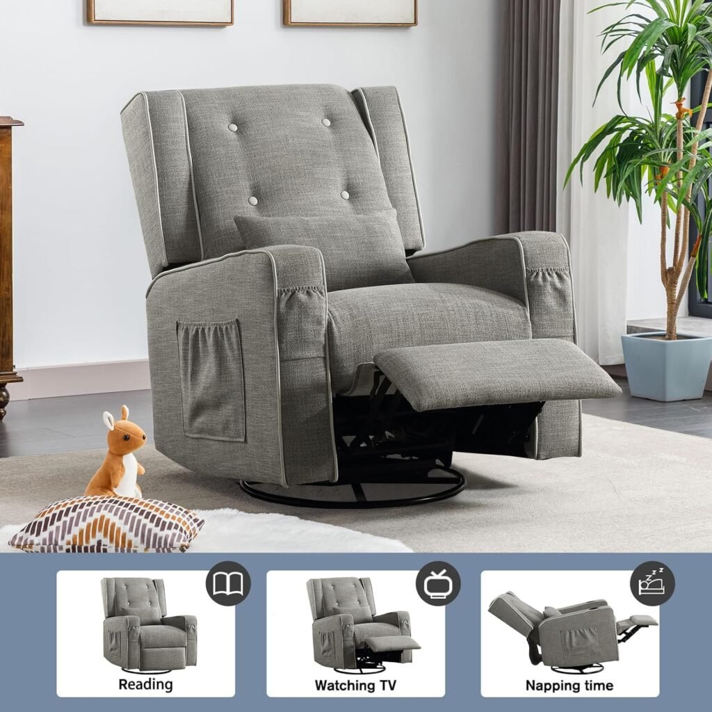 Oprisen Swivel Rocker Recliner Chair Overstuffed Wingback Glider Chair for Nursery, Manual Swivel Recliner with Side Pockets Cup Holders (Beige)