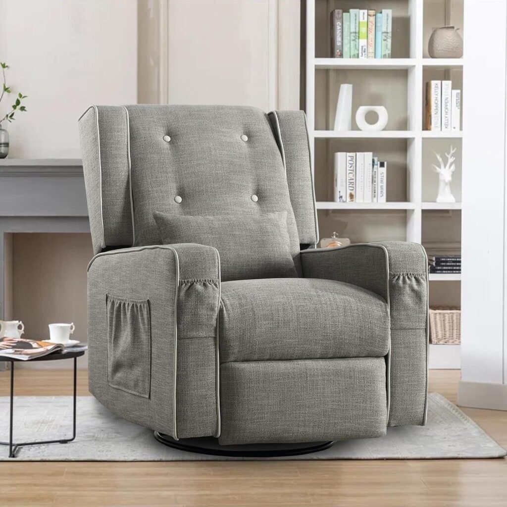 Oprisen Swivel Rocker Recliner Chair Overstuffed Wingback Glider Chair for Nursery, Manual Swivel Recliner with Side Pockets Cup Holders (Beige)