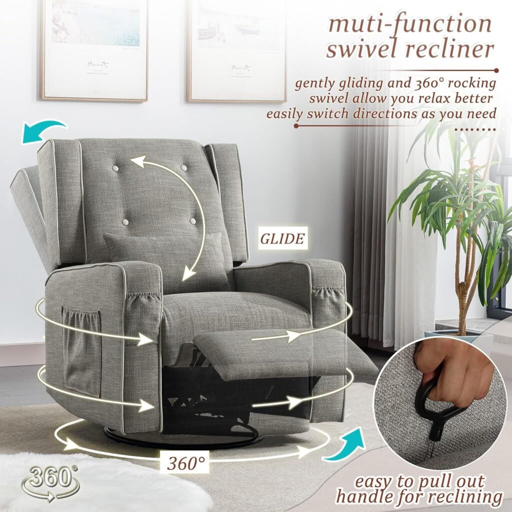 Oprisen Swivel Rocker Recliner Chair Overstuffed Wingback Glider Chair for Nursery, Manual Swivel Recliner with Side Pockets Cup Holders (Beige)