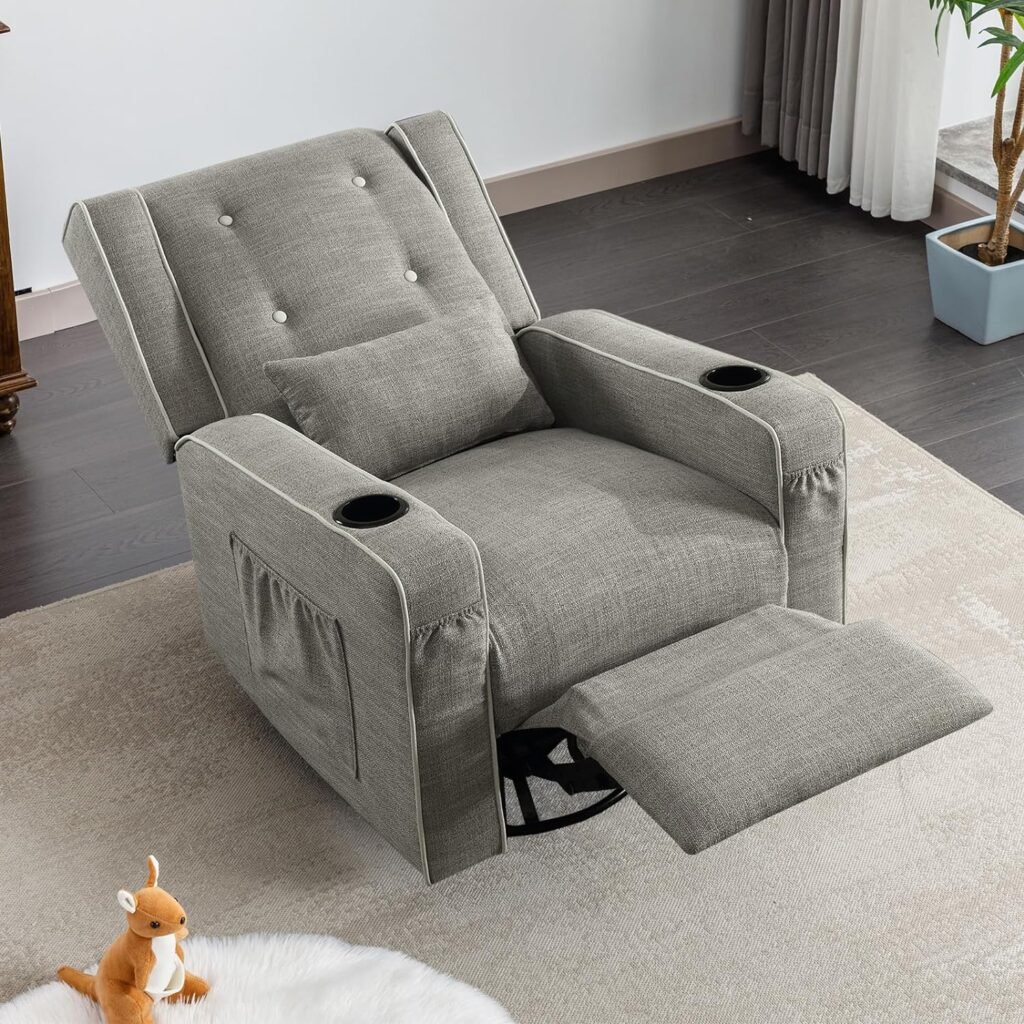 Oprisen Swivel Rocker Recliner Chair Overstuffed Wingback Glider Chair for Nursery, Manual Swivel Recliner with Side Pockets Cup Holders (Beige)