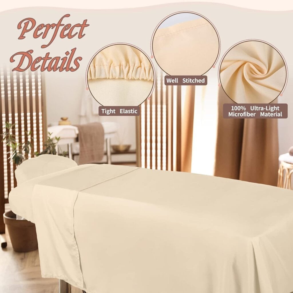 Oudain 8 Sets Soft Microfiber Massage Table Sheets Set 3 Piece Set Includes Massage Table Cover Massage Fitted Sheet and Massage Face Rest Cover for Massage Room (Natural)