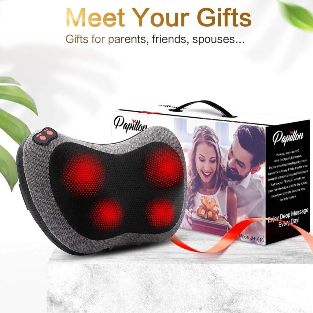 Papillon Shiatsu Back and Neck Massager with Heat, Deep Tissue Kneading,Electric Massage Pillow for Back,Shoulders,Legs,Foot,Body Muscle Pain Relief,Use at Home,Car,Office
