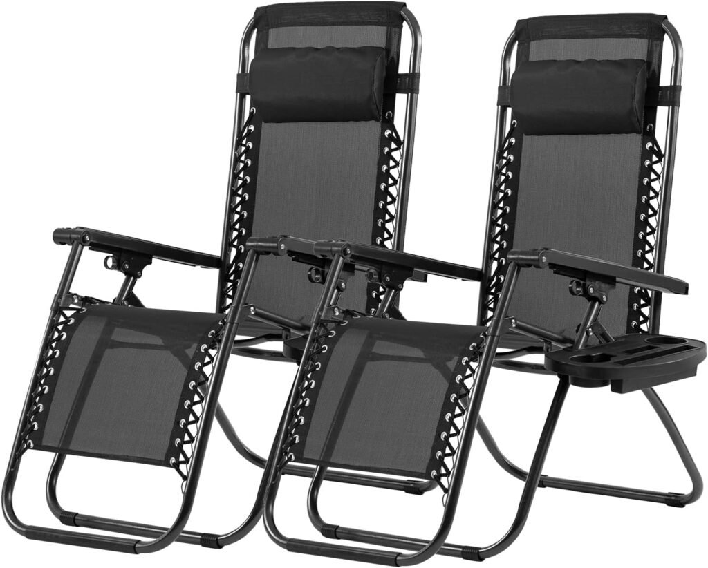PayLessHere Lounge Chair Set of 2 Adjustable Zero Gravity Chair Beach Chair Folding Lawn Patio Chair with Removable Pillow and Cup Holder for Poolside Backyard Lawn Beach,Black