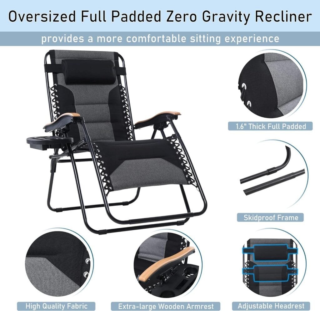 PHI VILLA Oversize XL Padded Zero Gravity Lounge Chair Wide Armrest Adjustable Recliner with Cup Holder, Support 400 LBS (Blue)