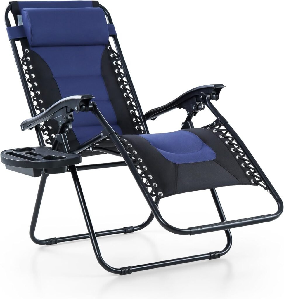PHI VILLA Oversized Padded Zero Gravity Lounge Chair Folding Patio Recliner with Adjustable Headrest  Cup Holder, Support 350 LBS (Blue)