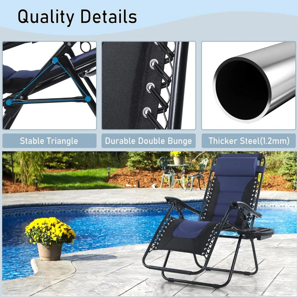 PHI VILLA Oversized Padded Zero Gravity Lounge Chair Folding Patio Recliner with Adjustable Headrest Cup Holder, Support 350 LBS (Blue) PHI VILLA Oversized Padded Zero Gravity Lounge Chair Folding Patio Recliner with Adjustable Headrest Cup Holder, Support 350 LBS (Blue)