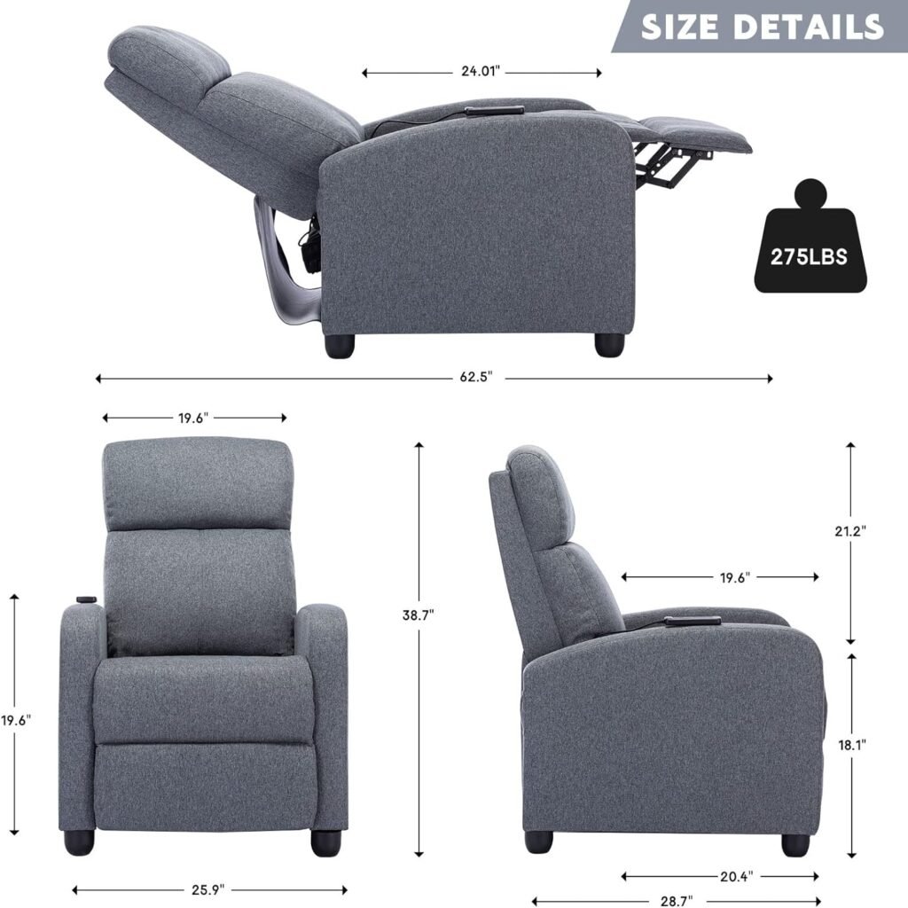 Phoenix Home New Model Massage, Modern Single Sofa Padded Backrest and Thick Seat Cushion, PU Leather Recliner Chair for Living Room, Home Theater, Grey