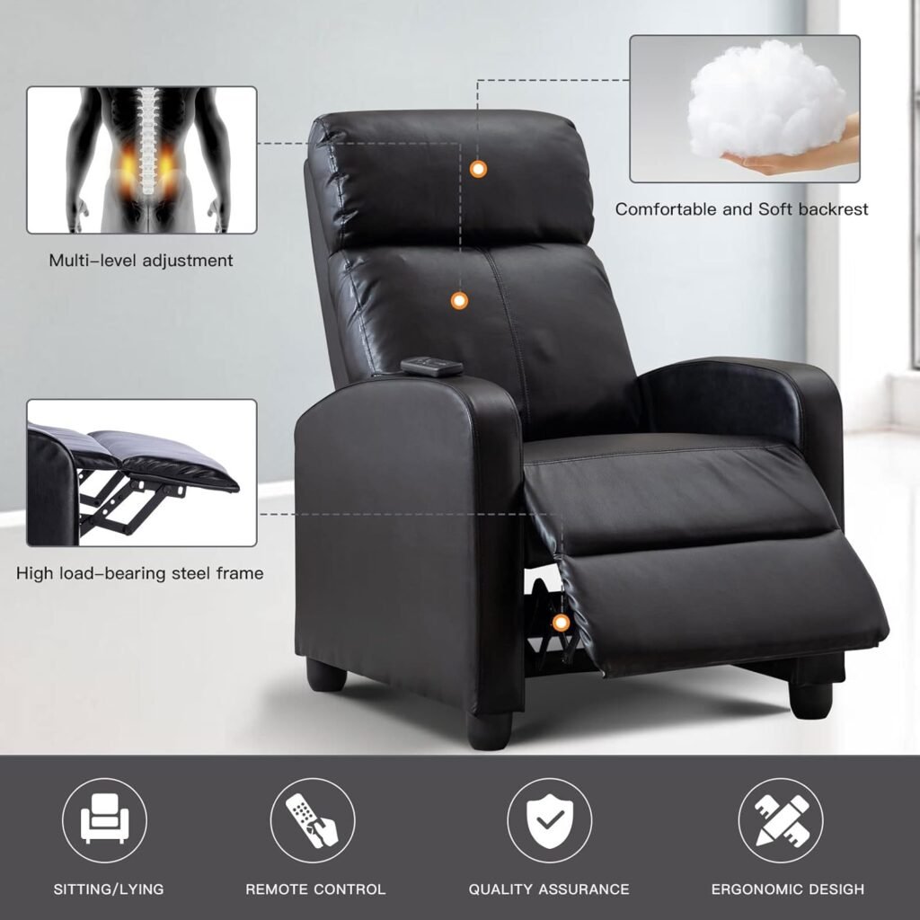 Phoenix Home New Model Massage, Modern Single Sofa Padded Backrest and Thick Seat Cushion, PU Leather Recliner Chair for Living Room, Home Theater, Black1