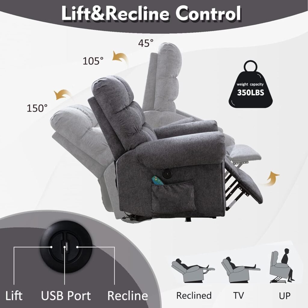 Phoenix Home Power Lift Chair for Elderly, Leather Electric Living Room Recliner, Light Grey