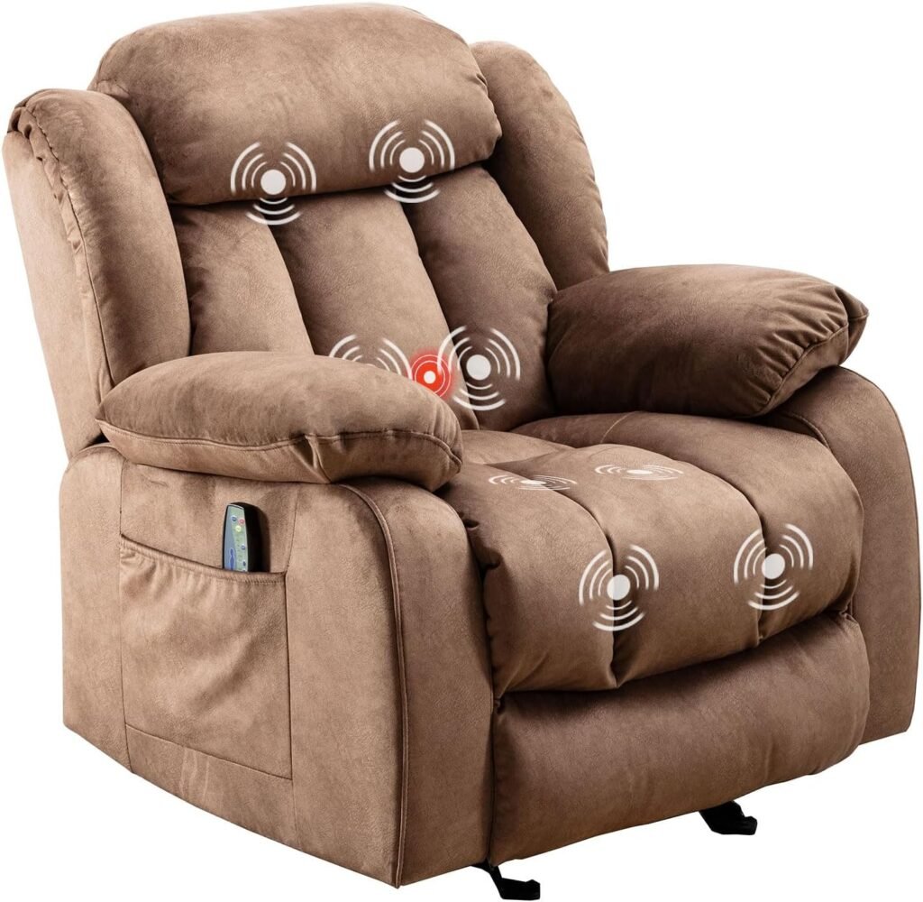 Phoenix Home Rocker Chair with Massage and Heat, Overstuffed Manual Nursery Living Room Bedroom Recliner, Brown