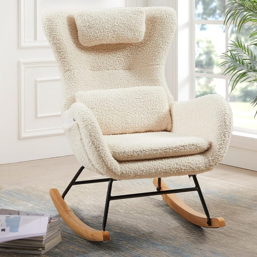 Plococo Small Rocking Chair Nursery, Modern Rocker Chair with High Backrest, Comfy Accent Glider Chair with Headrest and and Throw Pillow (Beige White)