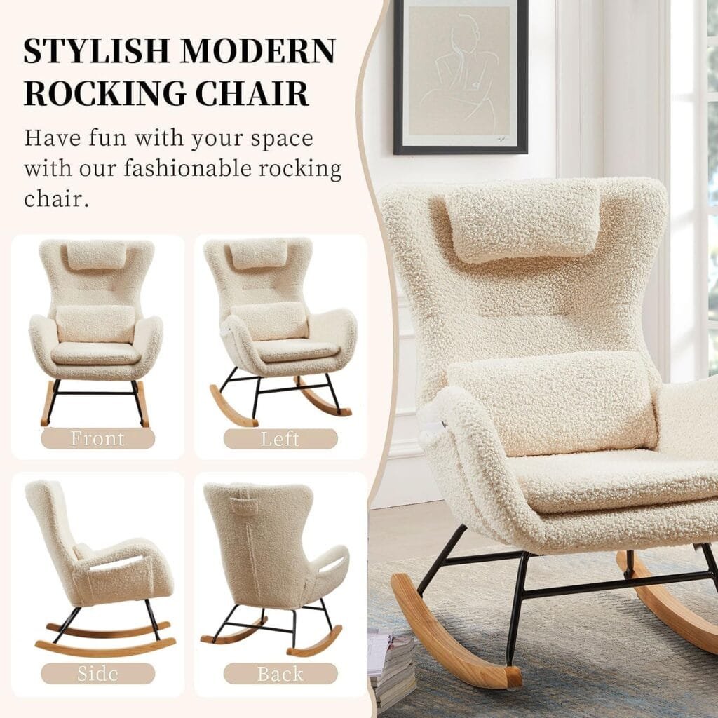 Plococo Small Rocking Chair Nursery, Modern Rocker Chair with High Backrest, Comfy Accent Glider Chair with Headrest and and Throw Pillow (Beige White)