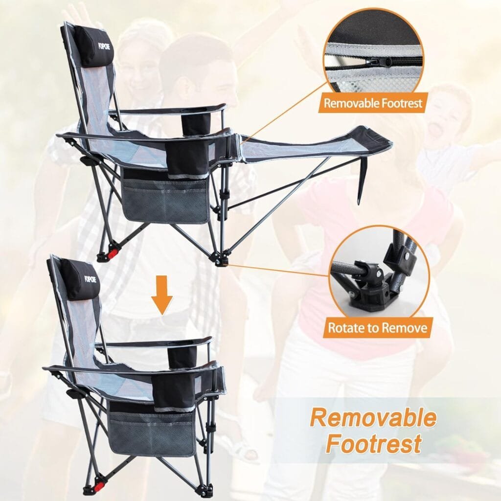 POEPORE Reclining Camping Chair with Removable Footrest Lounge Chair with Headrest, Cotton Cushion, Portable Adjustable Folding Chairs for Adults