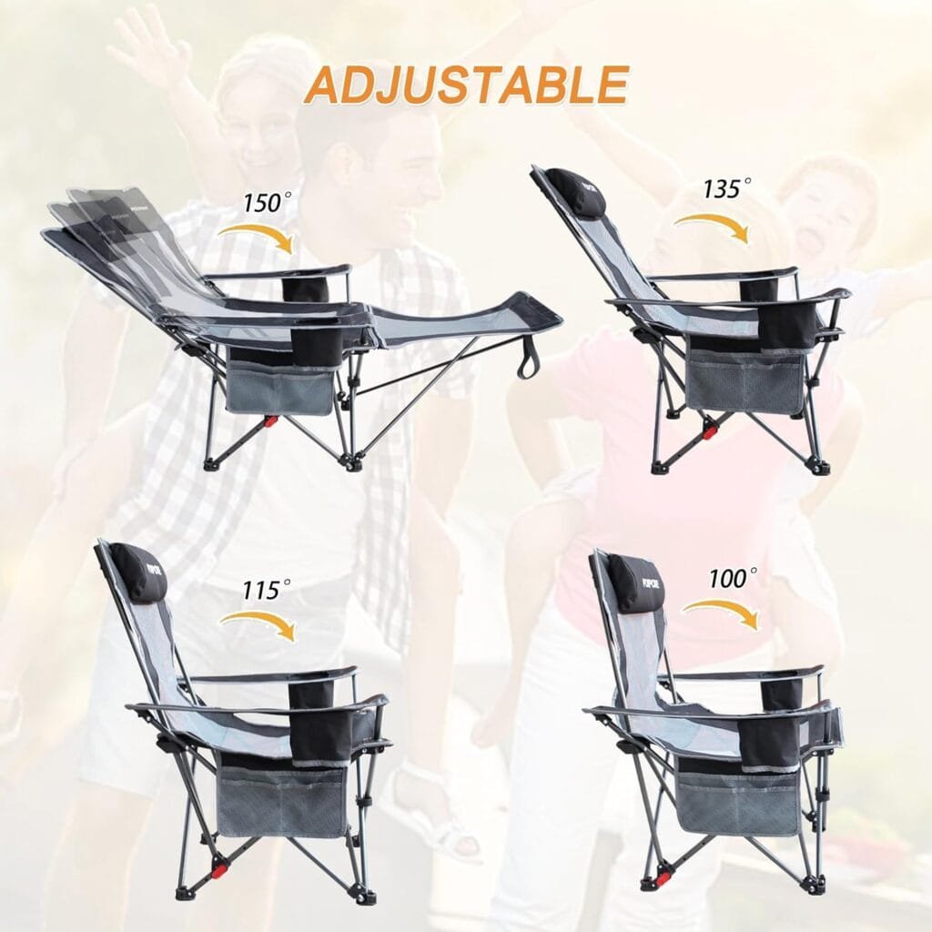 POEPORE Reclining Camping Chair with Removable Footrest Lounge Chair with Headrest, Cotton Cushion, Portable Adjustable Folding Chairs for Adults