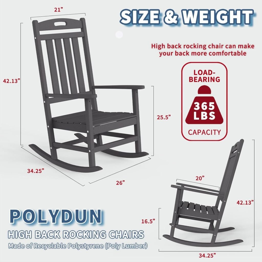 POLYDUN Outdoor Rocking Chair, Looks Like Wood, High Back Poly Lumber Patio Rocker Chair, 365Lbs Support, All-Weather Porch Rocking Chair for Lawn, Backyard, Indoor, Garden, Mahogany