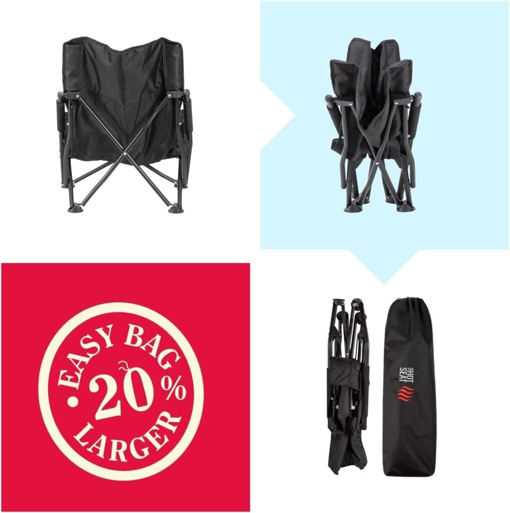 POP The Hot Seat, Heated Lightweight Folding Low Beach Chair, 2 Zipper Pockets, Padded Armrests, Portable with Carry Bag, Perfect for Camping, Beach, Soccer and Lawns. (Battery NOT Included)