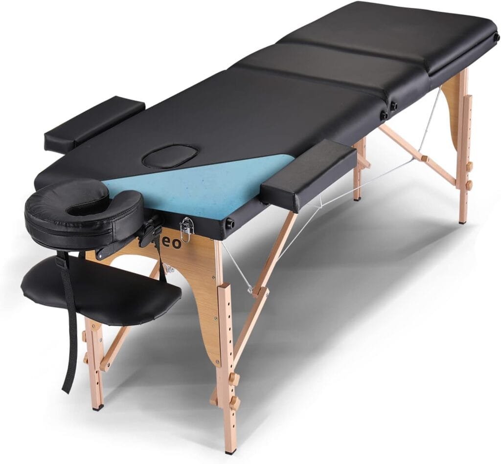 Portable Massage Table 3 Folding Massage Bed Professional SPA Reiki Eyelash Salon Bed, Wooden Frame Height Adjustment  Accessories, Black