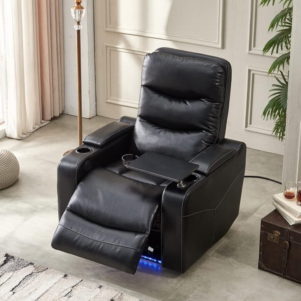 Power Motion Recliner Chair with 360° Swivel Tray Table, Armrest Storage Space, USB Port and Cup Holders，Lighting Gaming Recliner Chair and Home Theater Chair, Living Room, Bedroom (Black)