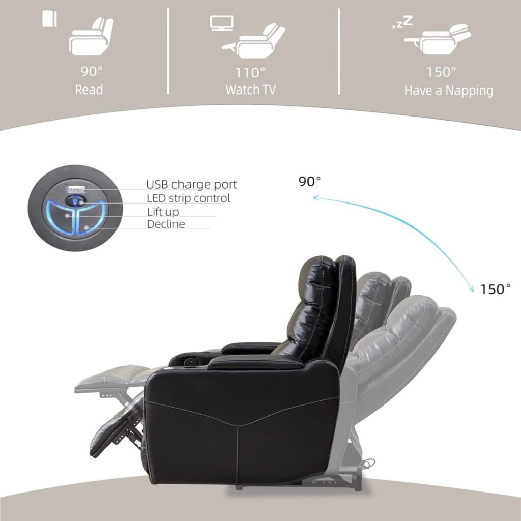 Power Motion Recliner Chair with 360° Swivel Tray Table, Armrest Storage Space, USB Port and Cup Holders，Lighting Gaming Recliner Chair and Home Theater Chair, Living Room, Bedroom (Black)