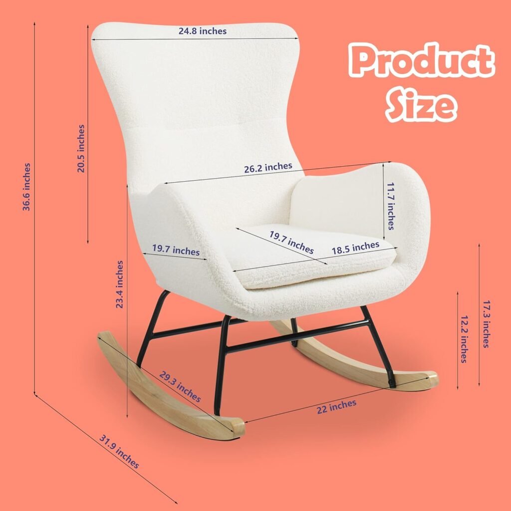 PrimeZone Comfy Rocking Chair for Nursery - Glider Chair with High Backrest, Armrests  Upholstered Pad, Bedroom Nursery Rocker Chair for Baby  Kids, Ivory White