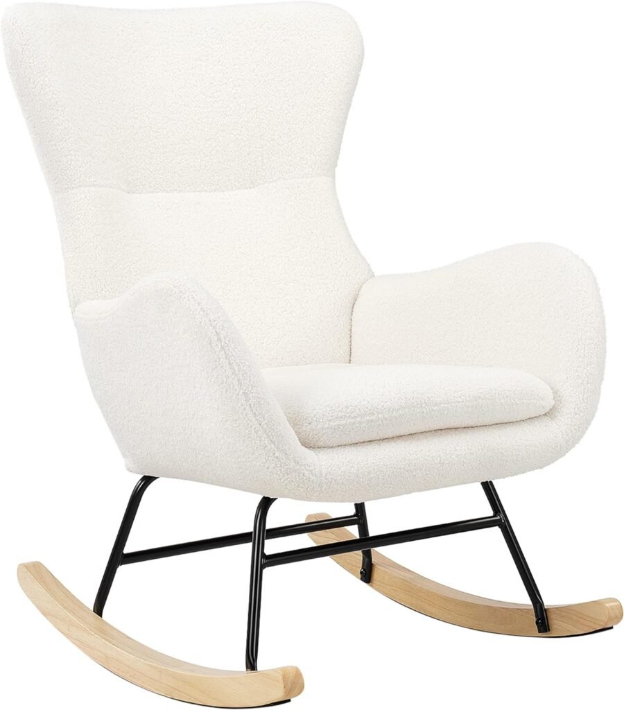 PrimeZone Comfy Rocking Chair for Nursery - Glider Chair with High Backrest, Armrests  Upholstered Pad, Bedroom Nursery Rocker Chair for Baby  Kids, Ivory White