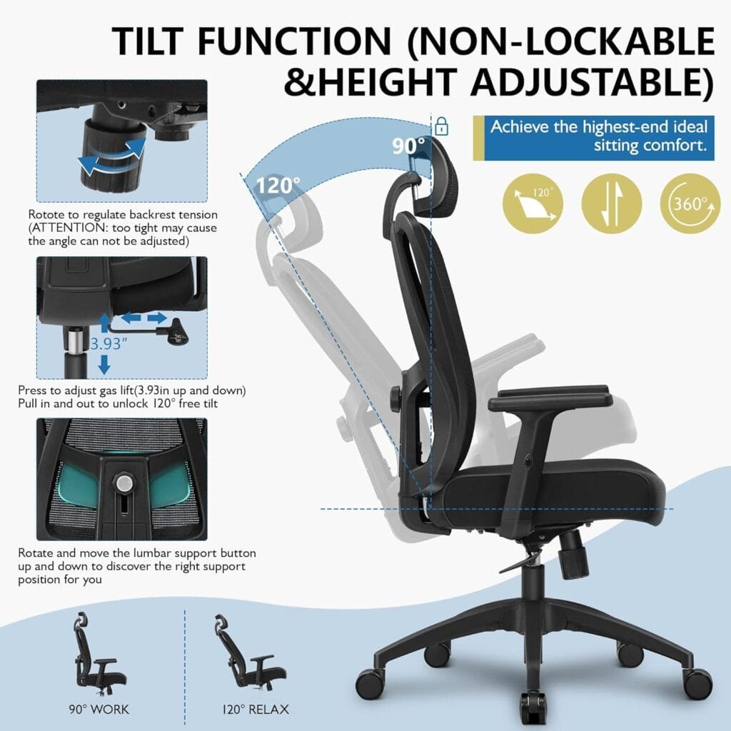 Primy Ergonomic Office Chair, Computer Desk Chair with Adjustable Sponge Lumbar Support, Comfortable Thick Cushion High Back Desk Chair with Adjustable Headrest and PU Armrests(PR-18-H)