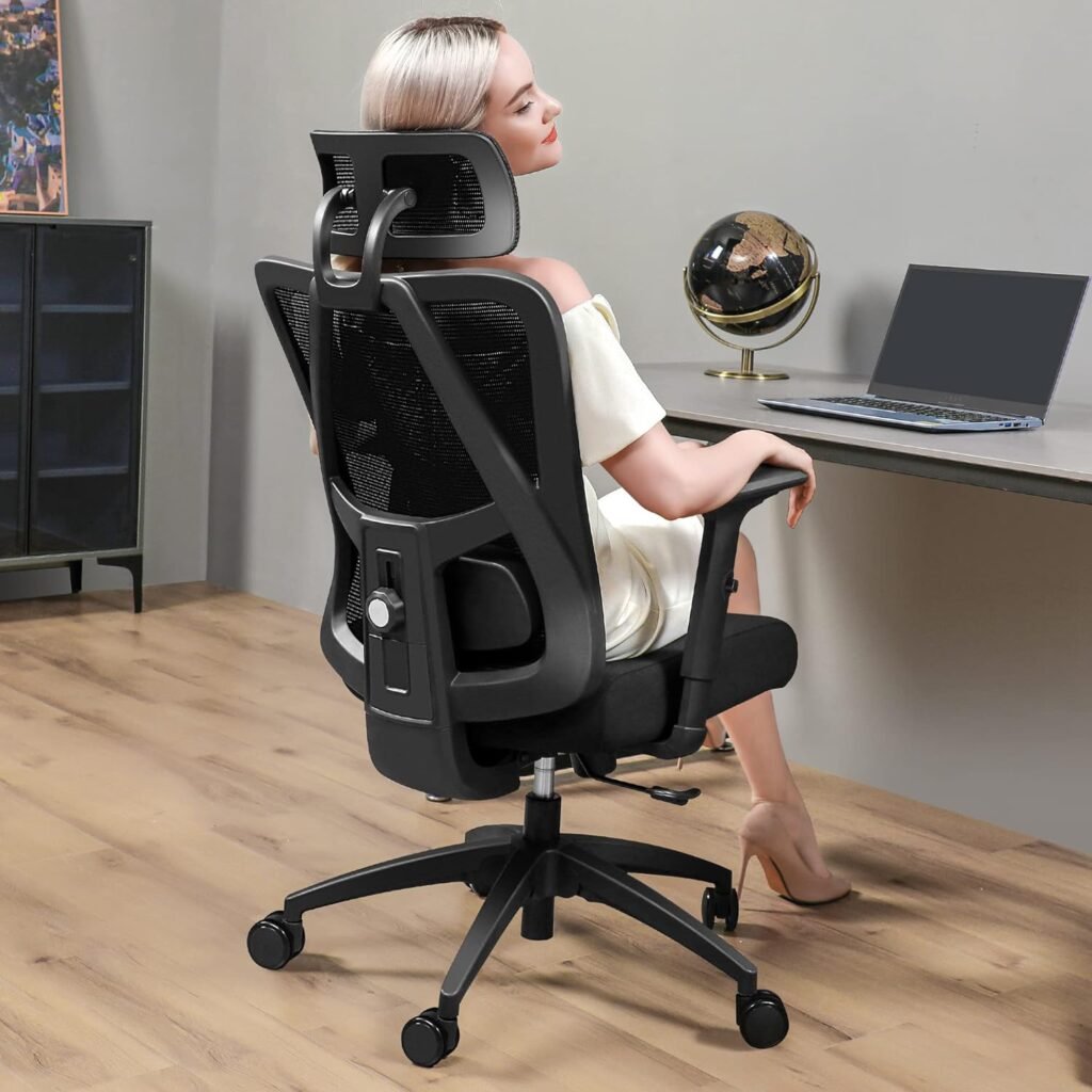 Primy Ergonomic Office Chair, Computer Desk Chair with Adjustable Sponge Lumbar Support, Comfortable Thick Cushion High Back Desk Chair with Adjustable Headrest and PU Armrests(PR-18-H)