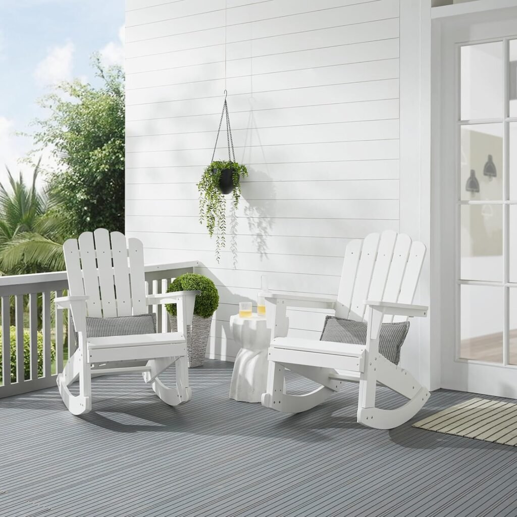 Psilvam Adirondack Patio Rocking Chair, Poly Lumber Porch Rocker with High Back, 350Lbs Support Rocking Chairs for Both Outdoor and Indoor, Poly Rocker Chair Looks Like Real Wood Set of 2（Black）