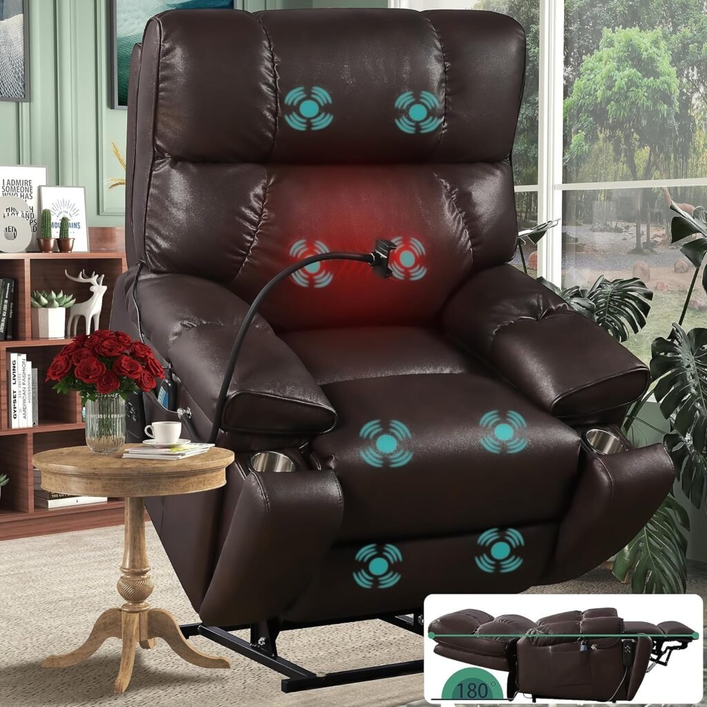 PUG258Y Lift Chair Elderly: 9388Plus Lay Flat Recliner Heat Massage, Reclining to 180, 2 Hidden Cup Holders, 1 Mobile Phone Holder, 2 Remote, Dual OKIN Motors - Breathable Leather Reddish Brown