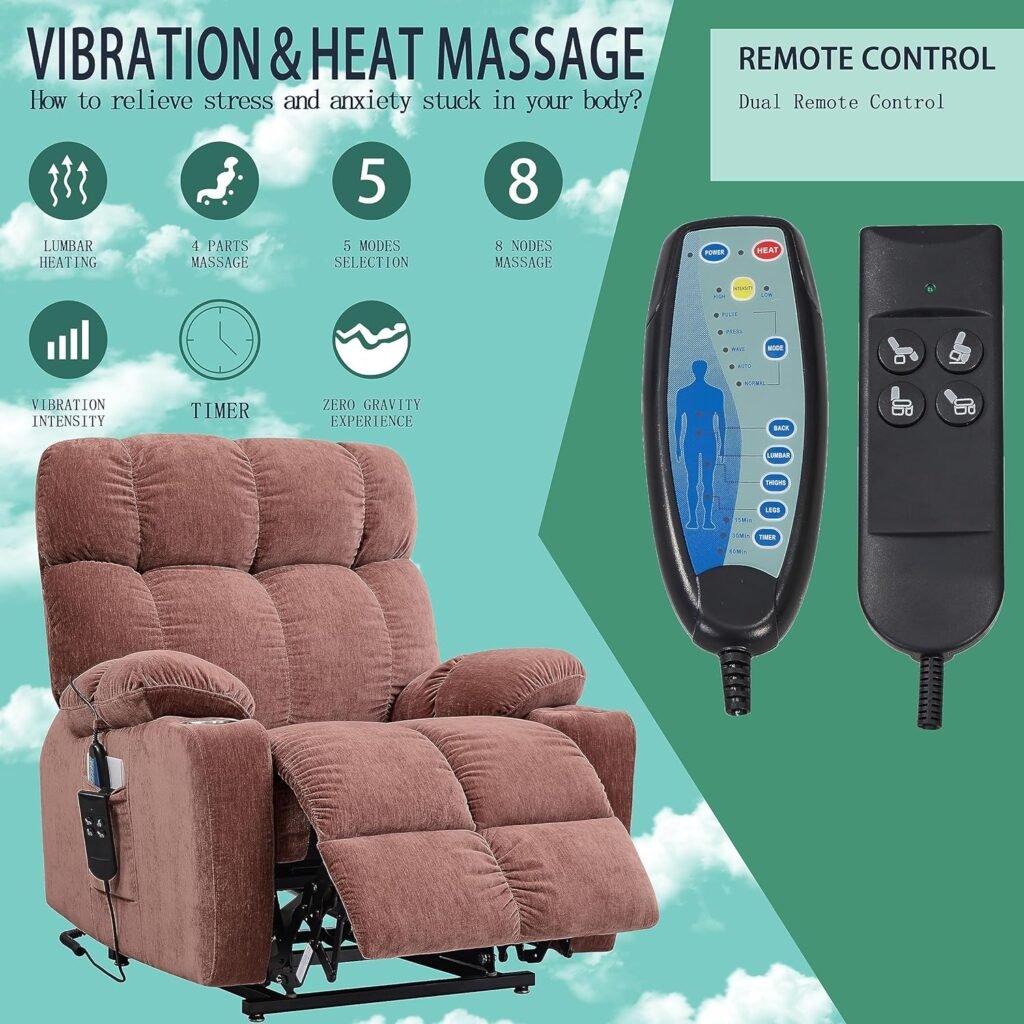 PUG258Y Lift Chair Elderly: 9388Plus Lay Flat Recliner Heat Massage, Reclining to 180, 2 Hidden Cup Holders, 1 Mobile Phone Holder, 2 Remote, Dual OKIN Motors - Breathable Leather Reddish Brown