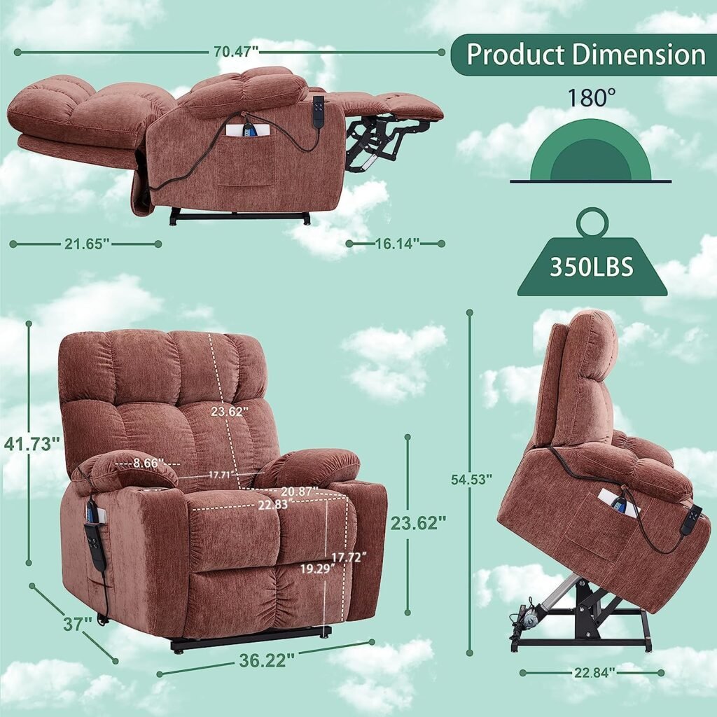 PUG258Y Lift Chair Elderly: 9388Plus Lay Flat Recliner Heat Massage, Reclining to 180, 2 Hidden Cup Holders, 1 Mobile Phone Holder, 2 Remote, Dual OKIN Motors - Breathable Leather Reddish Brown