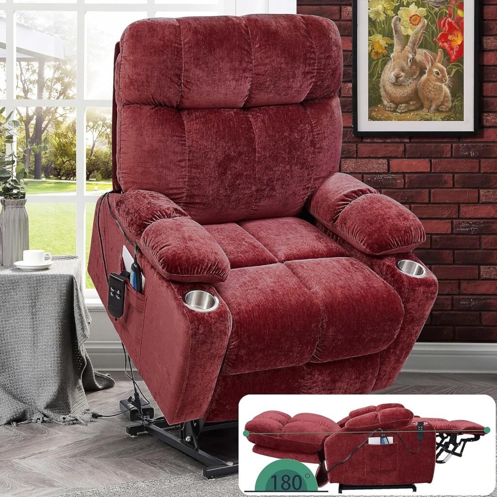 PUG258Y Lift Chair Elderly: 9388Plus Lay Flat Recliner Heat Massage, Reclining to 180, 2 Hidden Cup Holders, 1 Mobile Phone Holder, 2 Remote, Dual OKIN Motors - Breathable Leather Reddish Brown