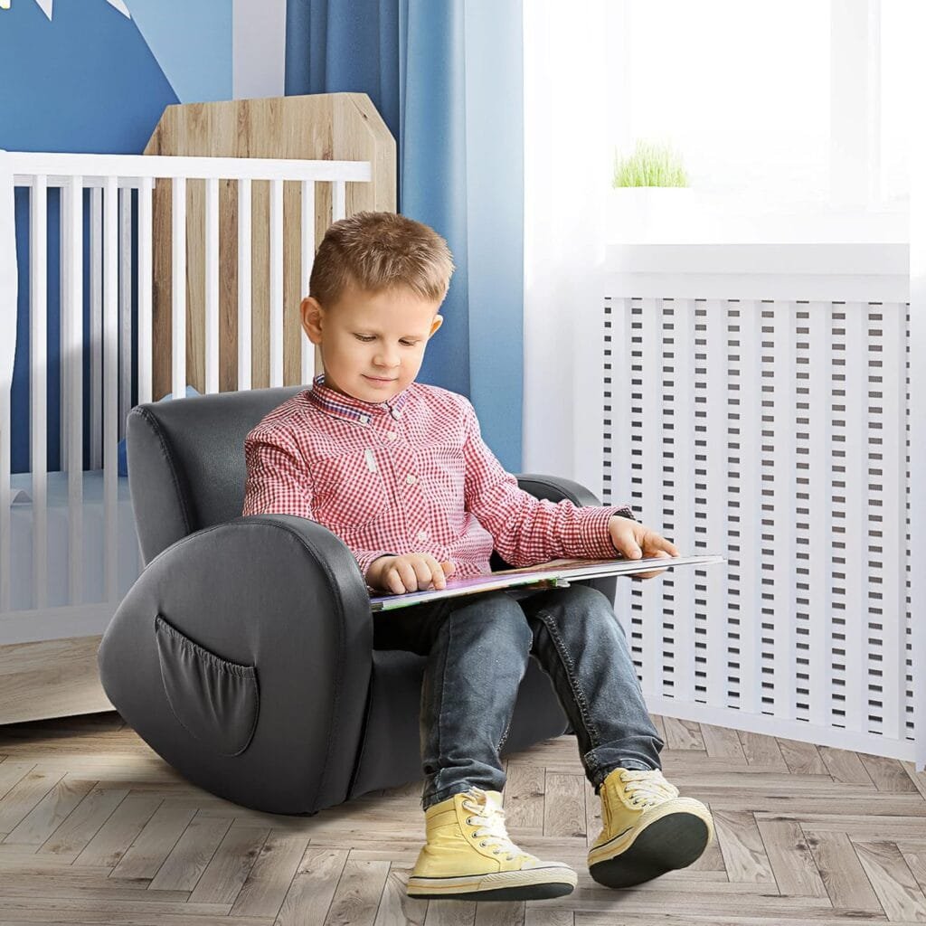 Qaba Kids Sofa Rocking Chair with Side Pocket, PU Leather Toddler Armchair for Children Grey