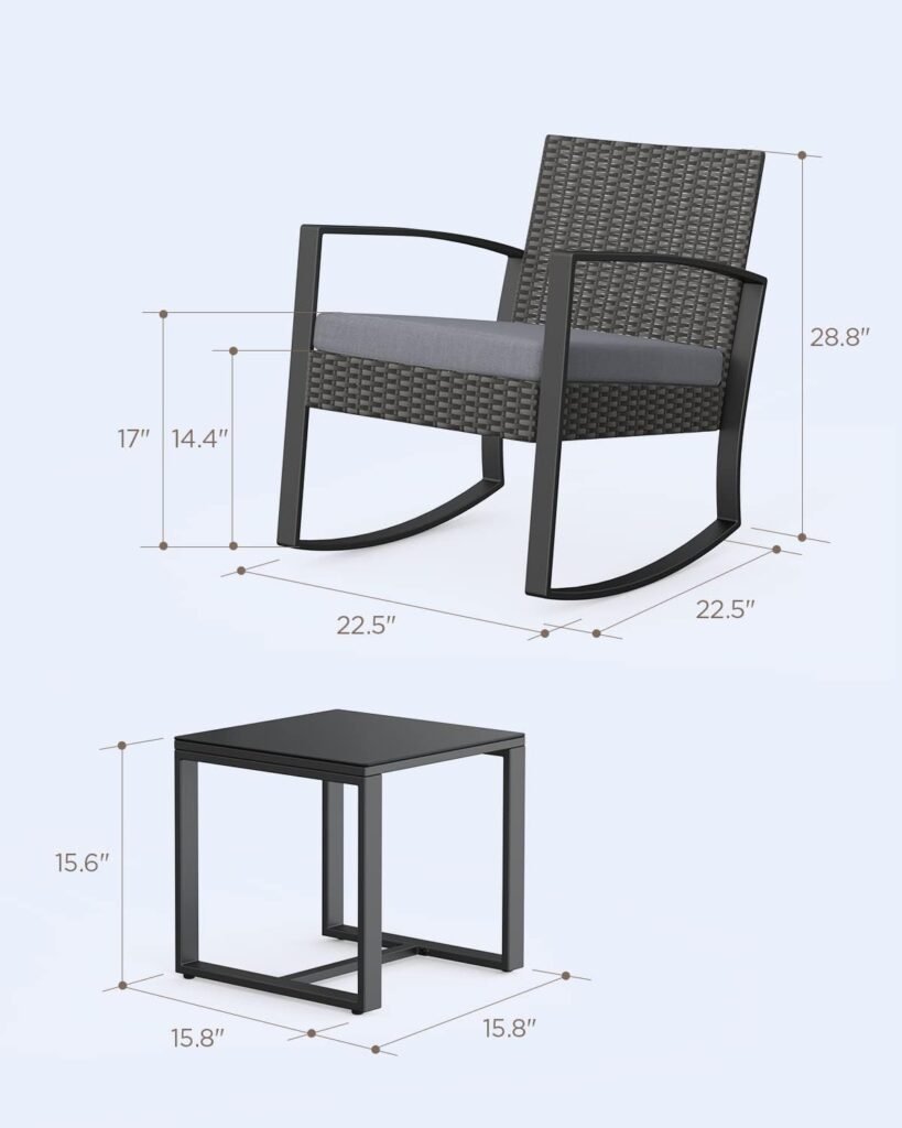 Qsun 3 Pieces Patio Furniture Set Rocking Bistro Set Outdoor Rattan Conversation with Coffee Table for Garden Balcony Backyard Poolside (Grey Cushion)