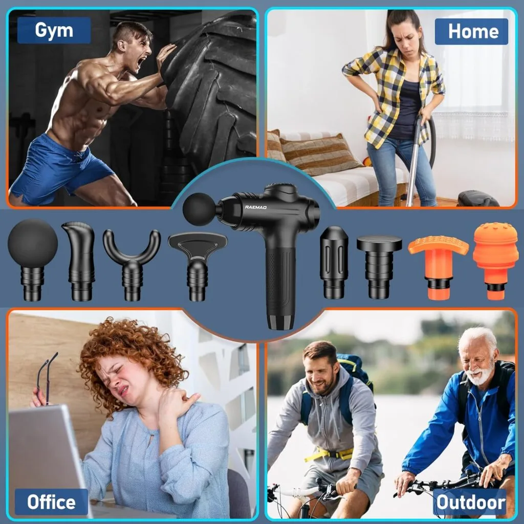 RAEMAO Massage Gun Deep Tissue, Back Massage Gun for Athletes for Pain Relief Attaching 10 PCS Specialized Replacement Heads, Percussion Massager with 10 Speeds  LED Screen, Carbon