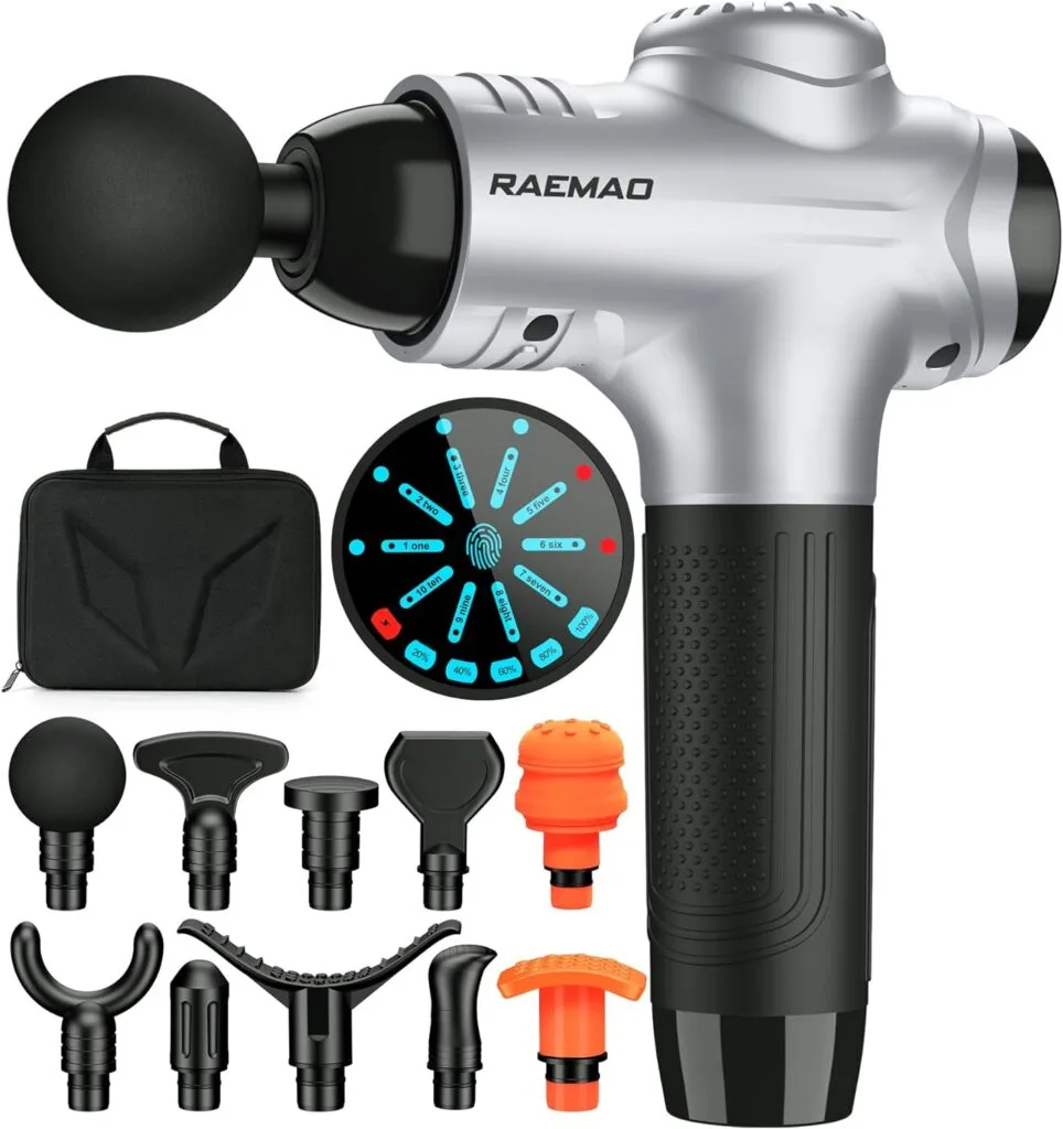 RAEMAO Massage Gun Deep Tissue, Back Massage Gun for Athletes for Pain Relief Attaching 10 PCS Specialized Replacement Heads, Percussion Massager with 10 Speeds  LED Screen, Carbon